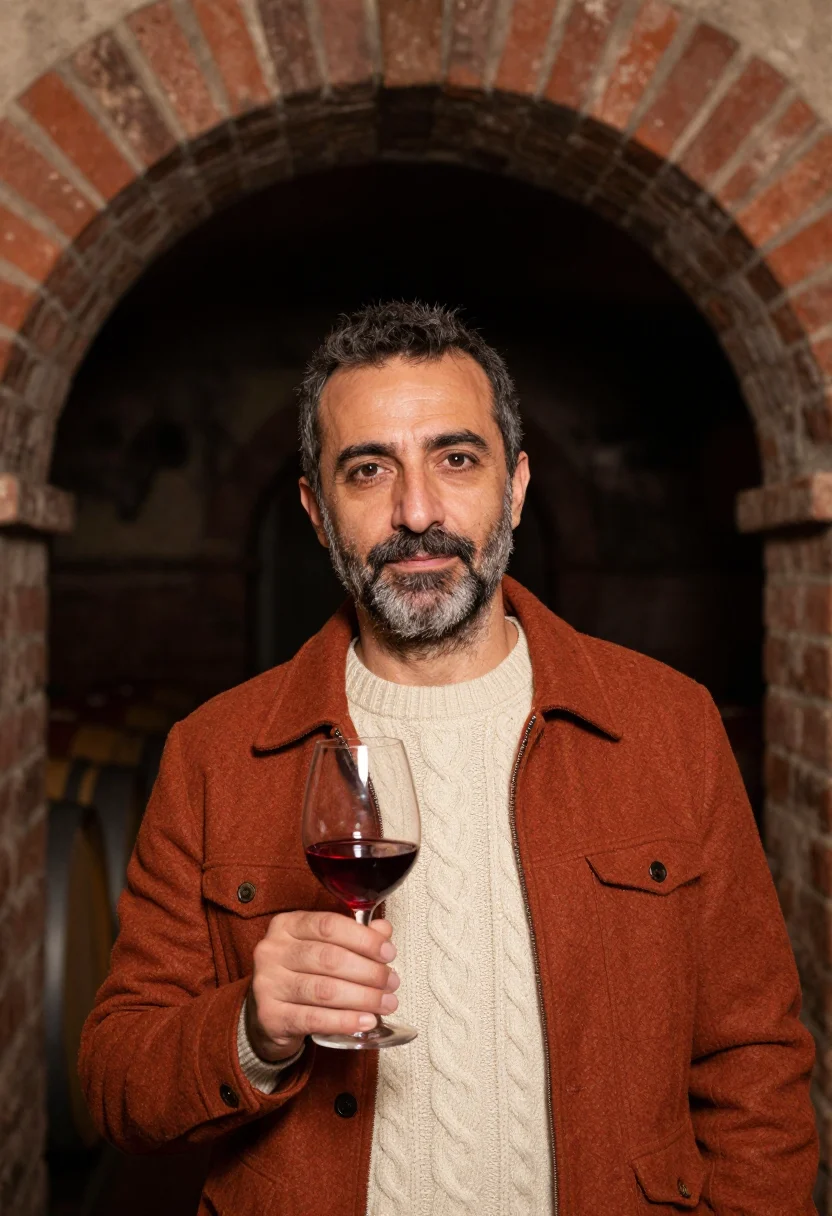 AI san martino vino novello rust sample — portrait of a man, framed chest-up, the camera at eye level
