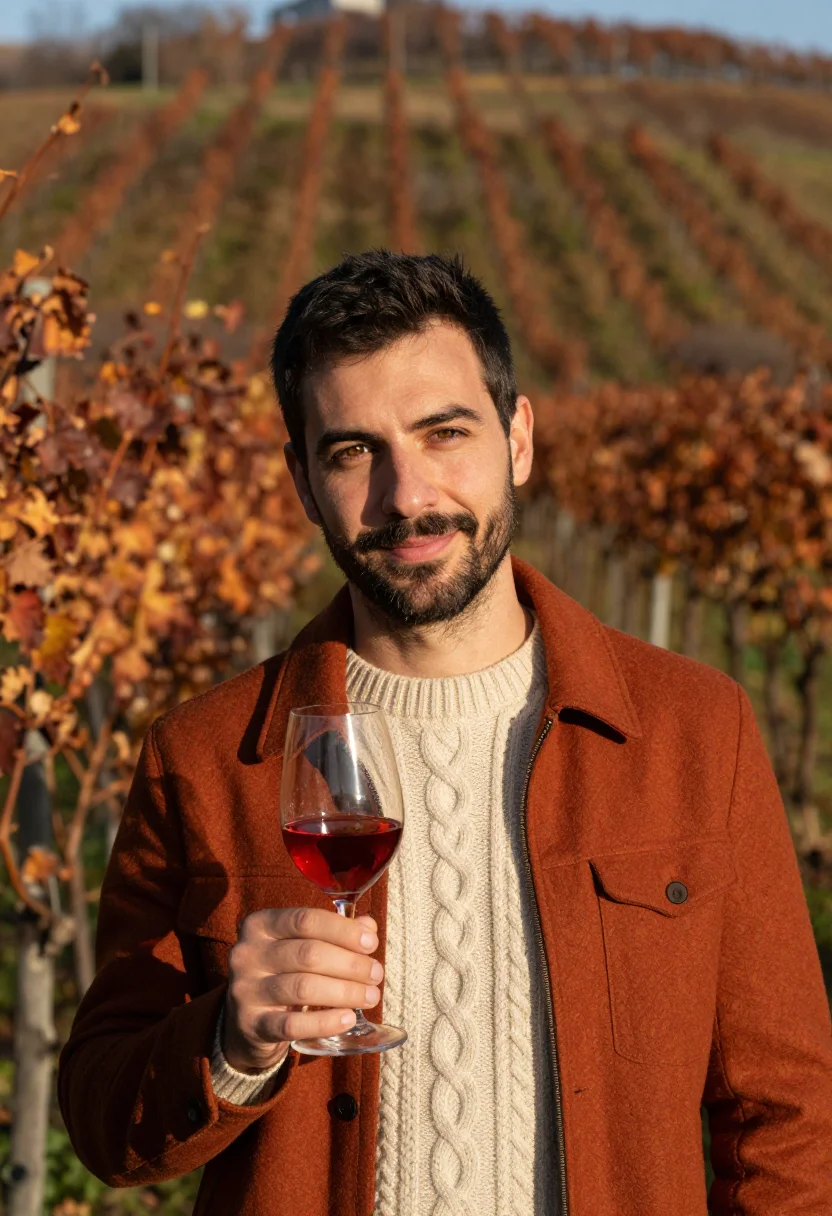 AI san martino vino novello rust sample — portrait of a man, framed chest-up, the camera at eye level