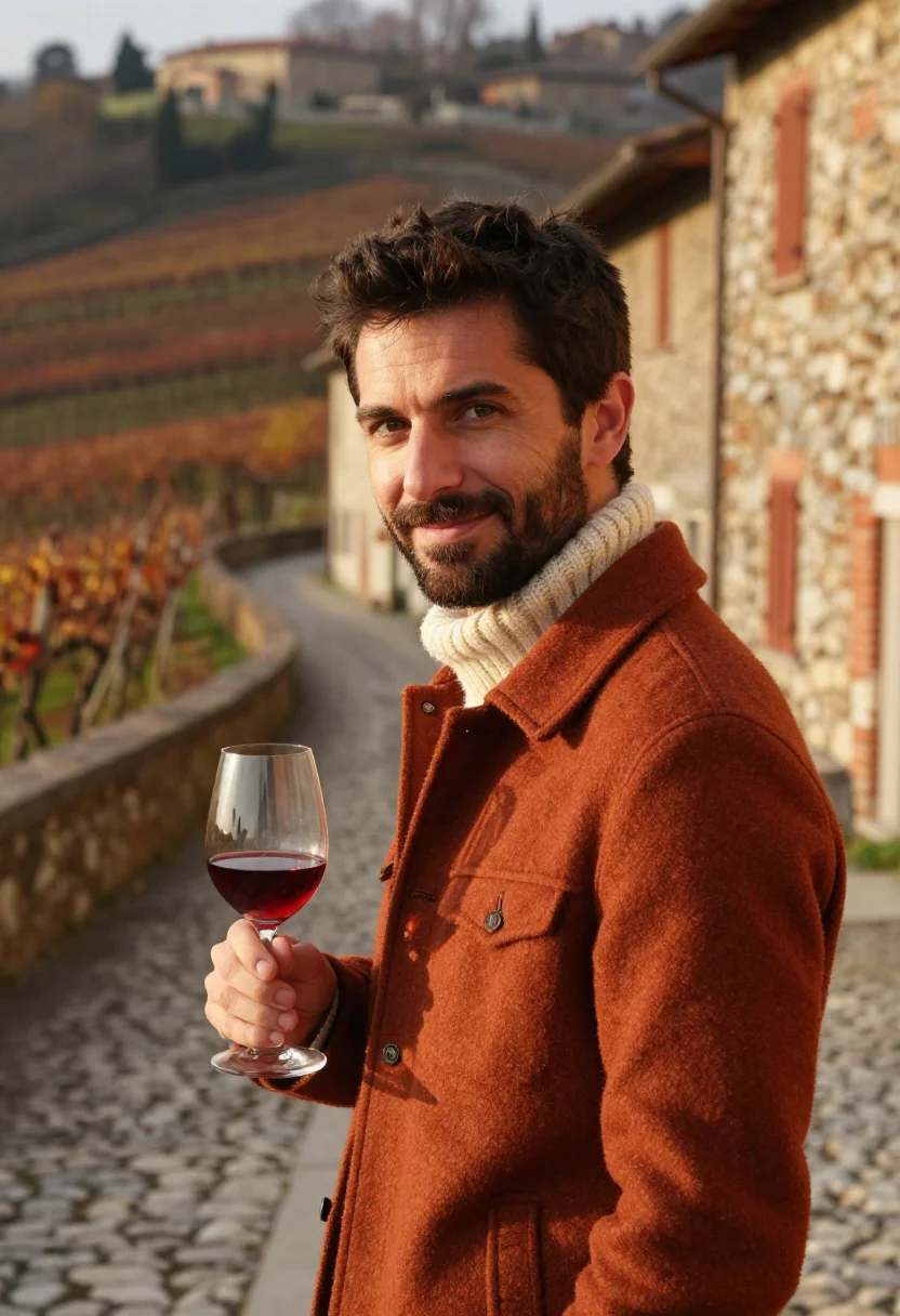AI san martino vino novello rust sample — portrait of a man, framed tight, head and shoulders, the bod