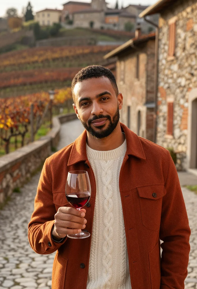 AI san martino vino novello rust sample — portrait of a man, framed chest-up, the camera at eye level