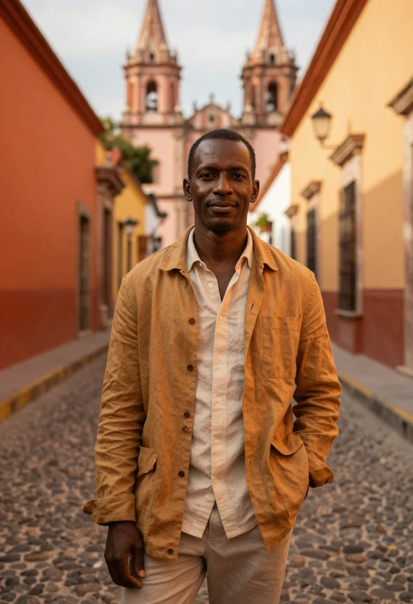 AI san miguel de allende november ochre sample — portrait of a man, framed from the knees up, the camera at w