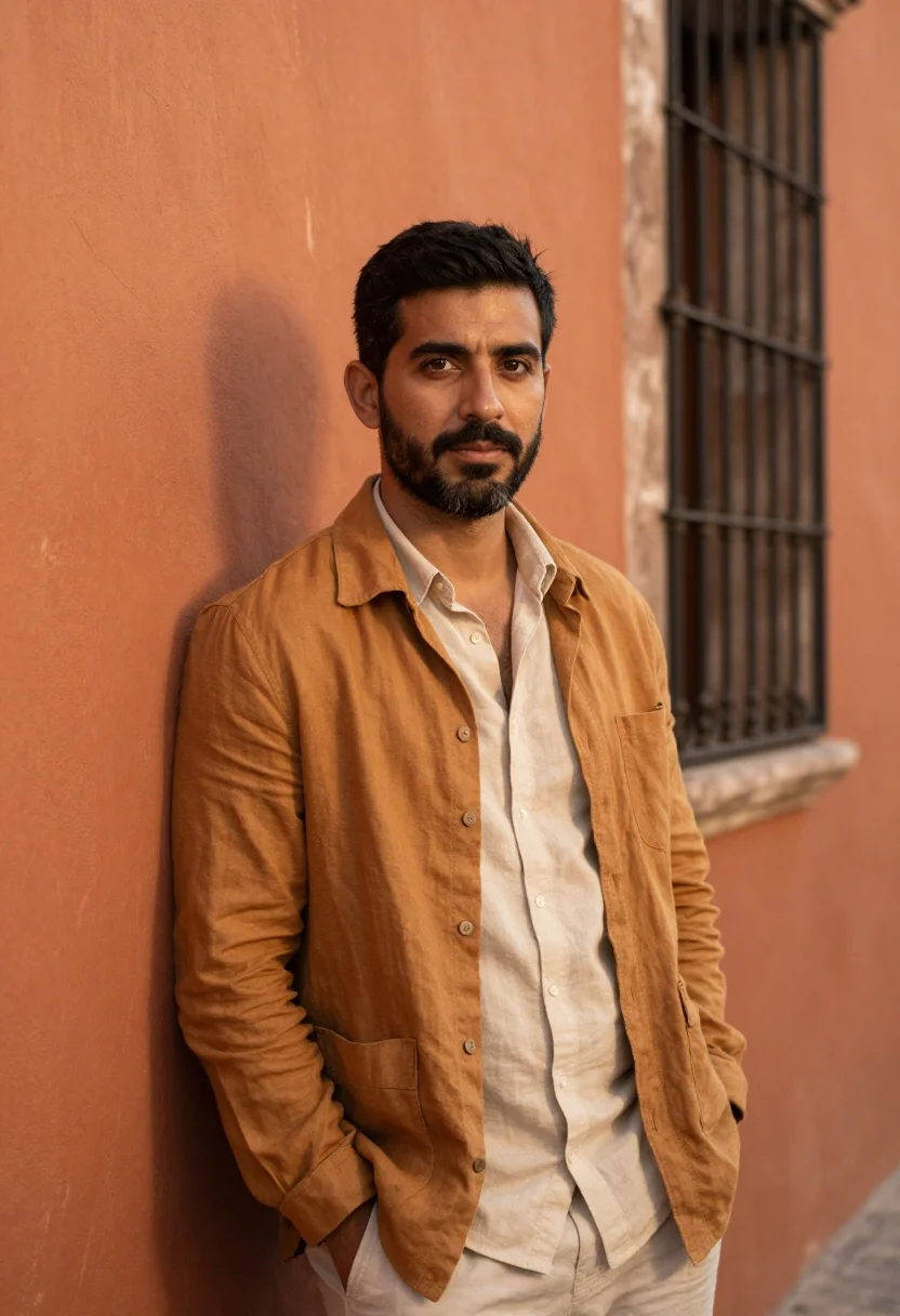 AI san miguel de allende november ochre sample — portrait of a man, framed waist-up, the camera at chest heig
