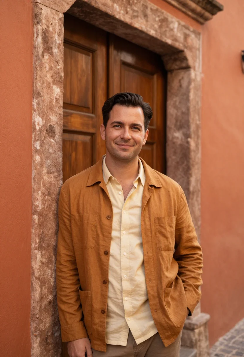 AI san miguel de allende november ochre sample — portrait of a man, framed half-length, cropped at the hips,