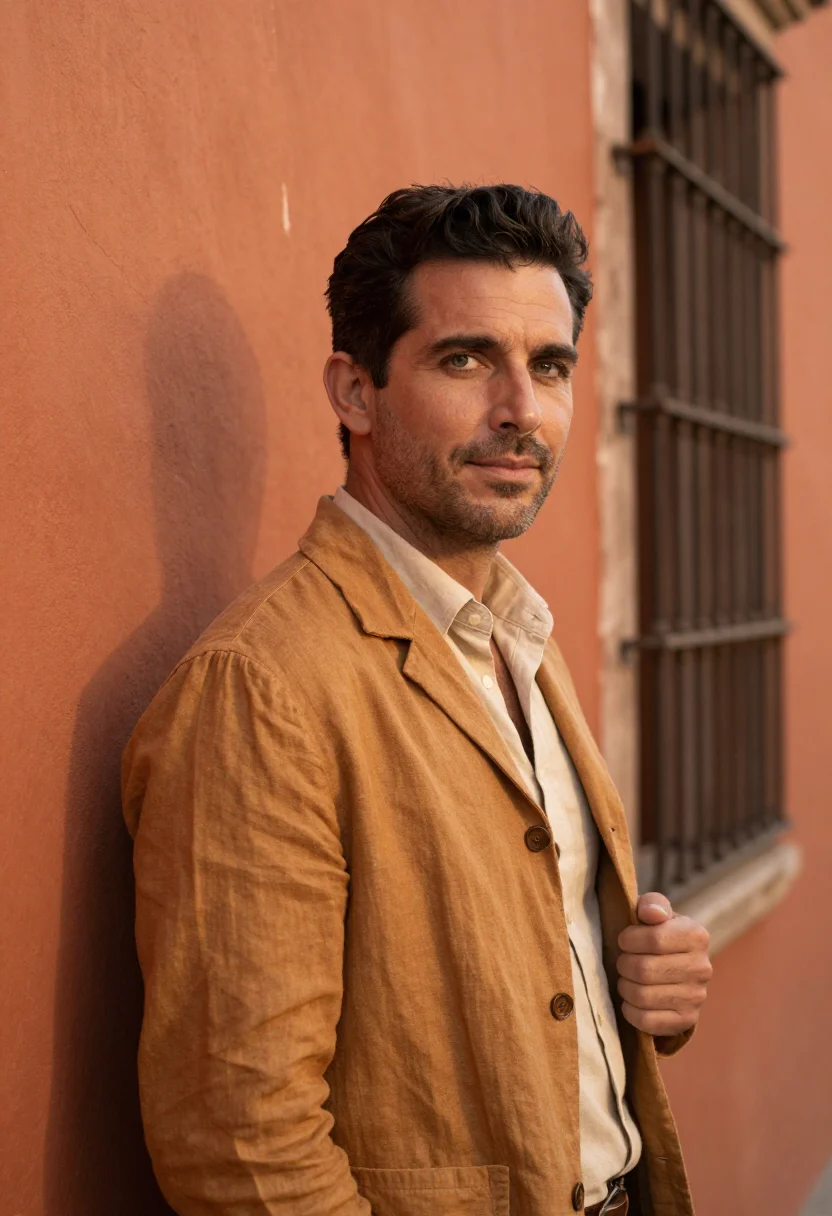 AI san miguel de allende november ochre sample — portrait of a man, framed chest-up, cropped at the ribs, the