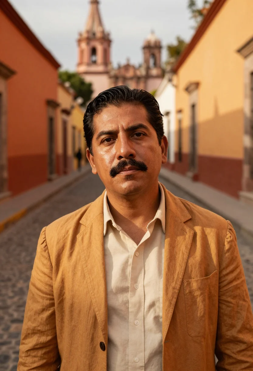 AI san miguel de allende november ochre sample — portrait of a man, framed tight, head and shoulders, the bod