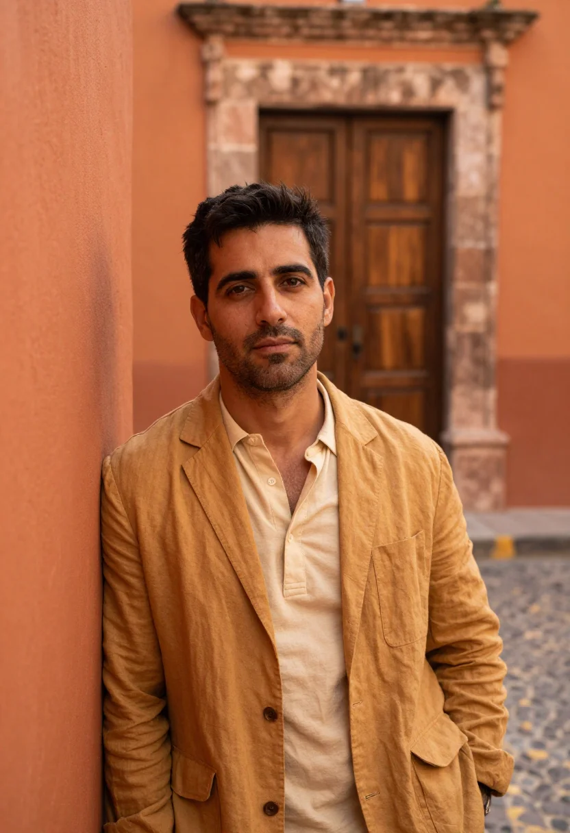 AI san miguel de allende november ochre sample — portrait of a man, framed chest-up, cropped at the ribs, the