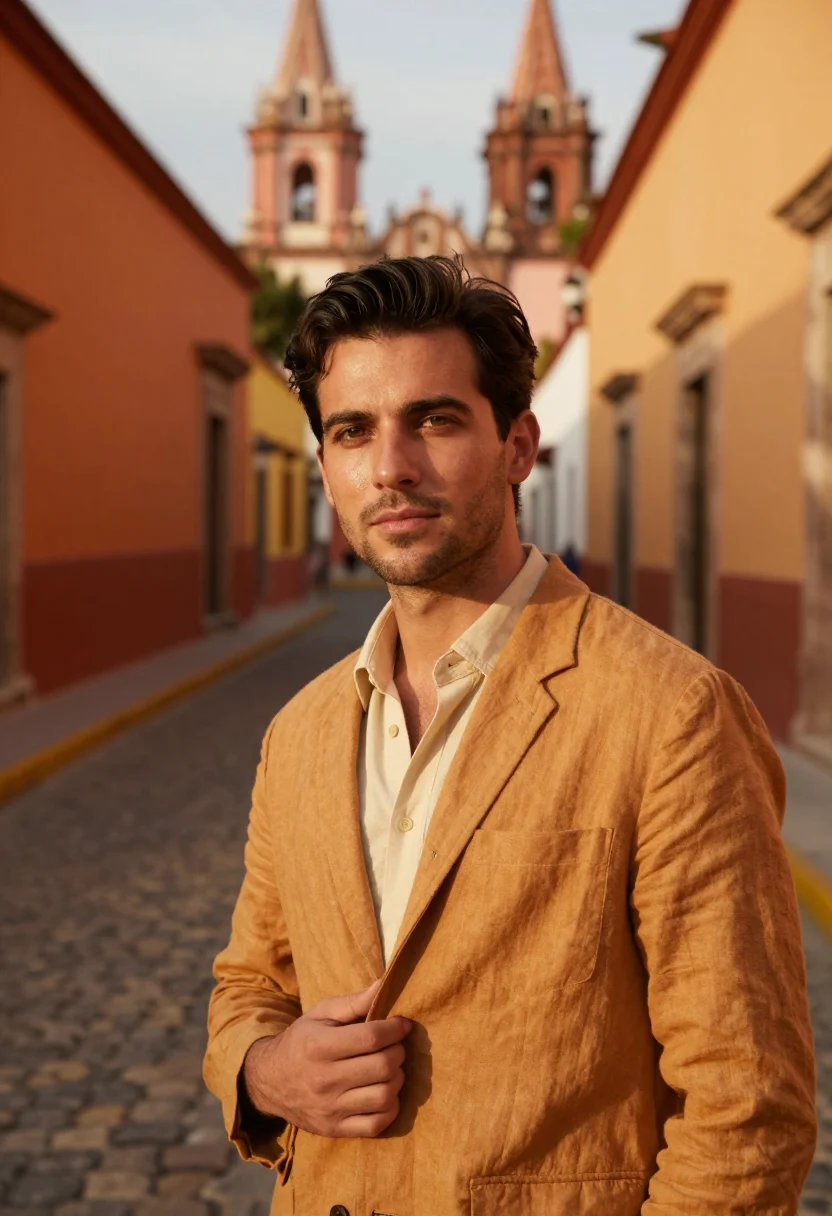 AI san miguel de allende november ochre sample — portrait of a man, framed chest-up, cropped at the ribs, the