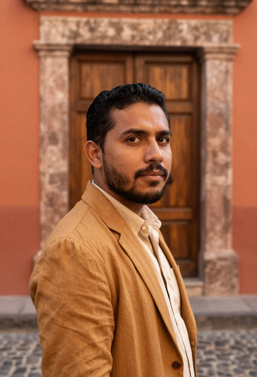AI san miguel de allende november ochre sample — portrait of a man, framed tight, head and shoulders, the bod