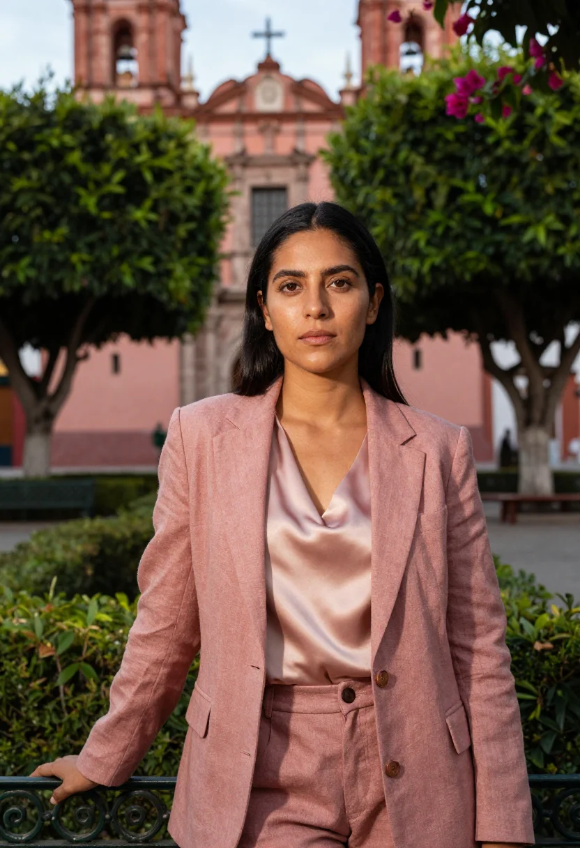 AI san miguel interior designer parroquia pink sample — portrait of a woman, a Mexican interior designer in her earl