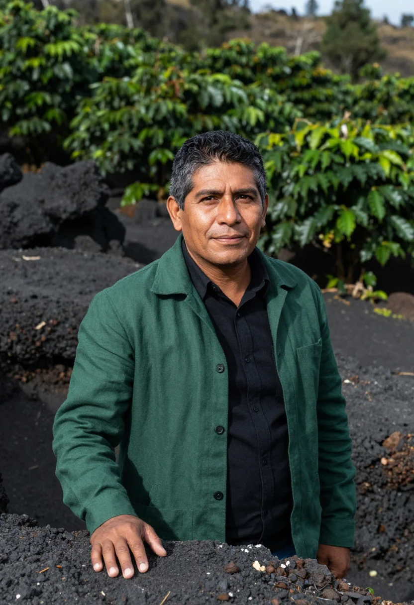 AI san salvador volcano coffee director green black sample — portrait of a man, a Guatemalan coffee director in his early