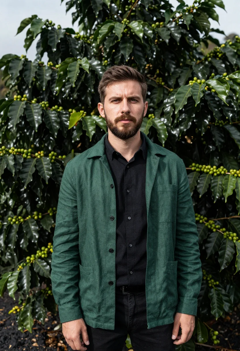 AI san salvador volcano coffee director green black sample — portrait of a man, a Western-European coffee director in his