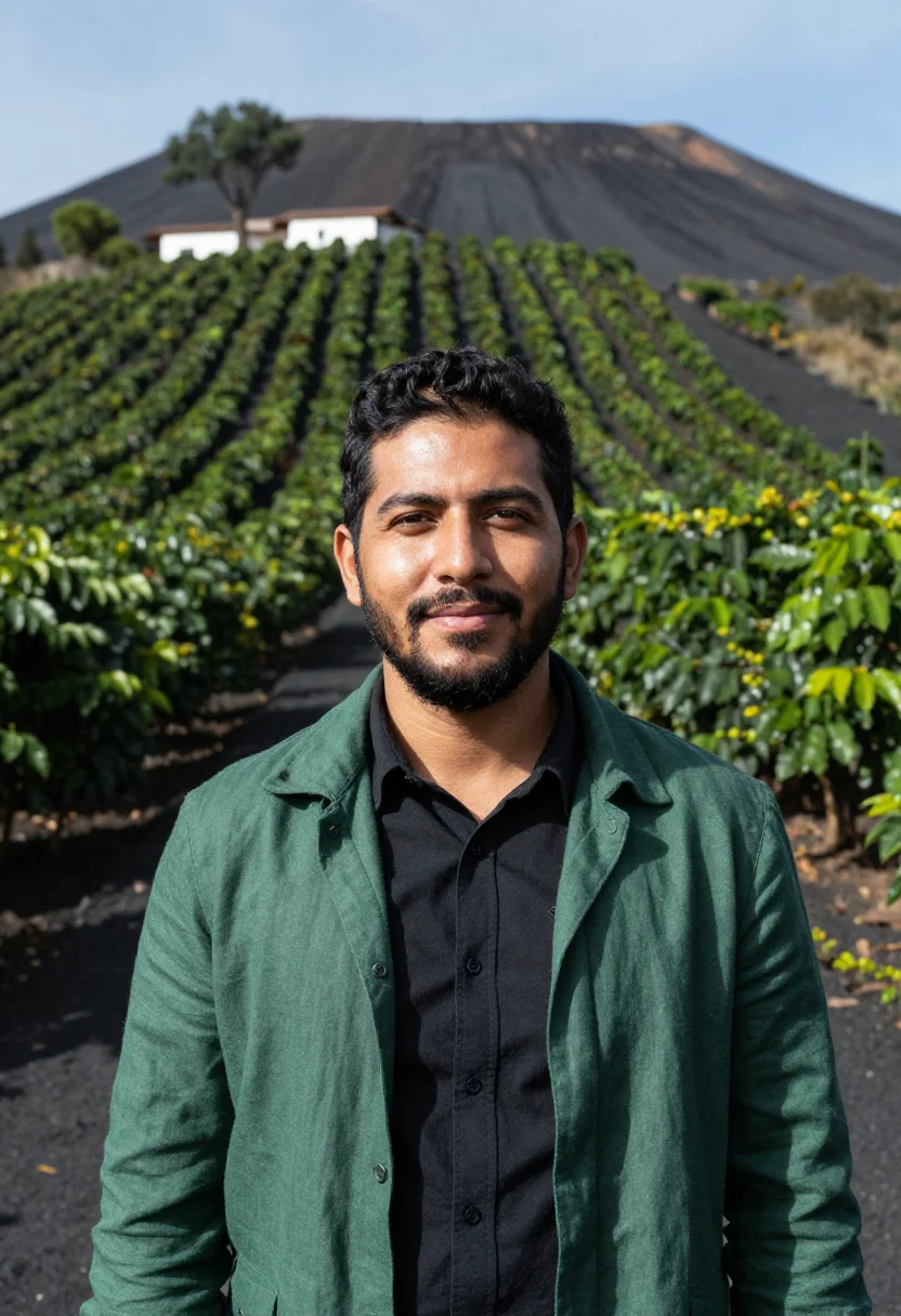 AI san salvador volcano coffee director green black sample — portrait of a man, a Salvadoran coffee director in his early