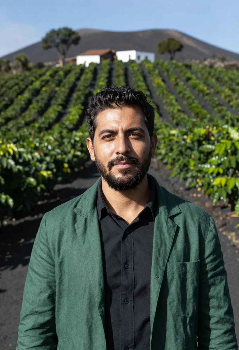 AI san salvador volcano coffee director green black sample — portrait of a man, a Spanish coffee director in his late for
