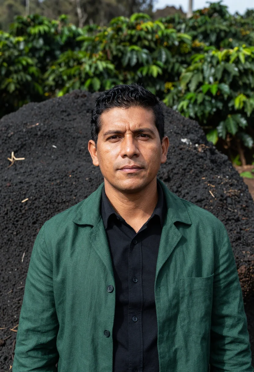 AI san salvador volcano coffee director green black sample — portrait of a man, a Salvadoran coffee director in his late