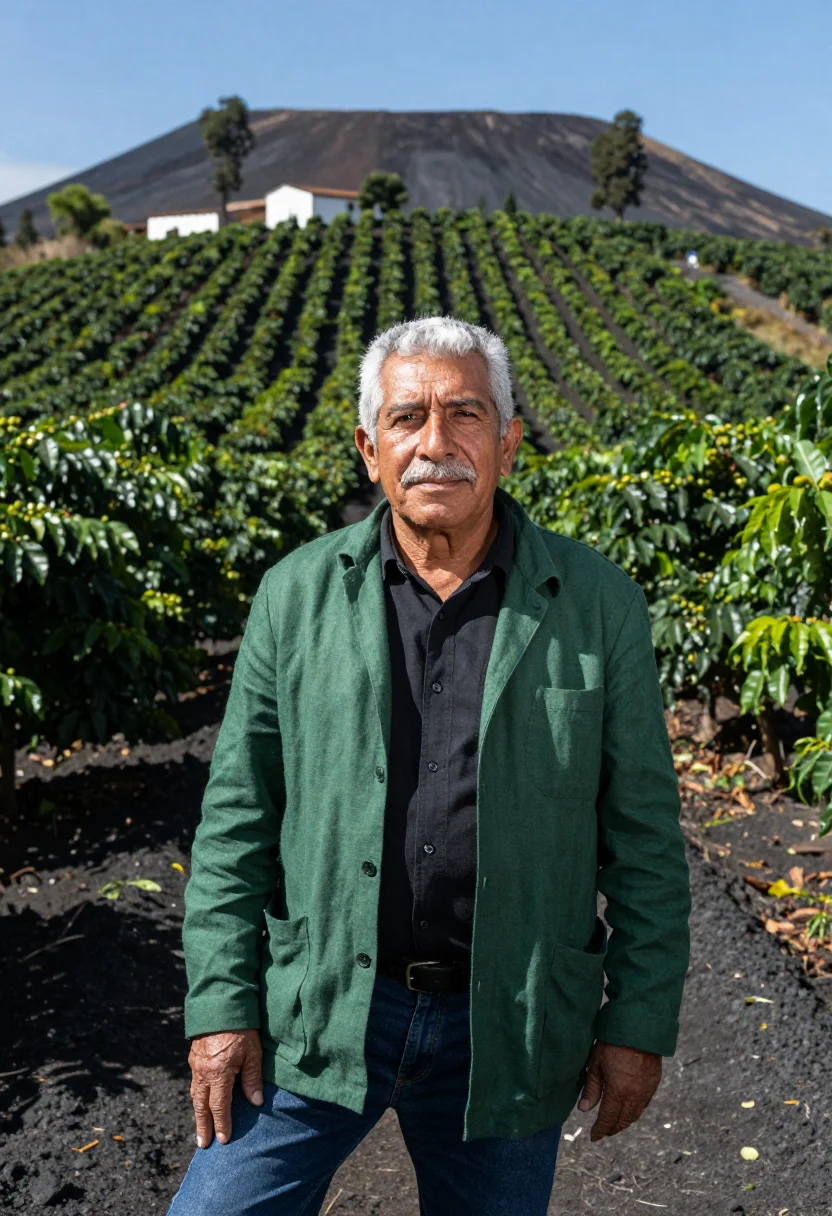 AI san salvador volcano coffee director green black sample — portrait of a man, a Salvadoran coffee director in his early
