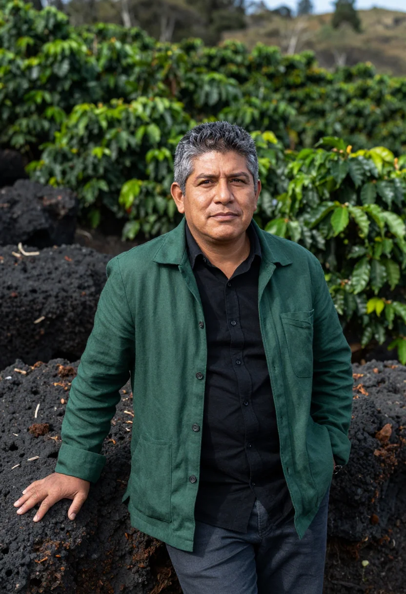 AI san salvador volcano coffee director green black sample — portrait of a man, a Salvadoran coffee director in his mid-f