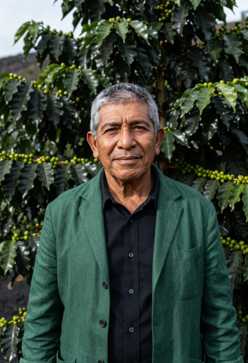 AI san salvador volcano coffee director green black sample — portrait of a man, a Salvadoran coffee director in his late
