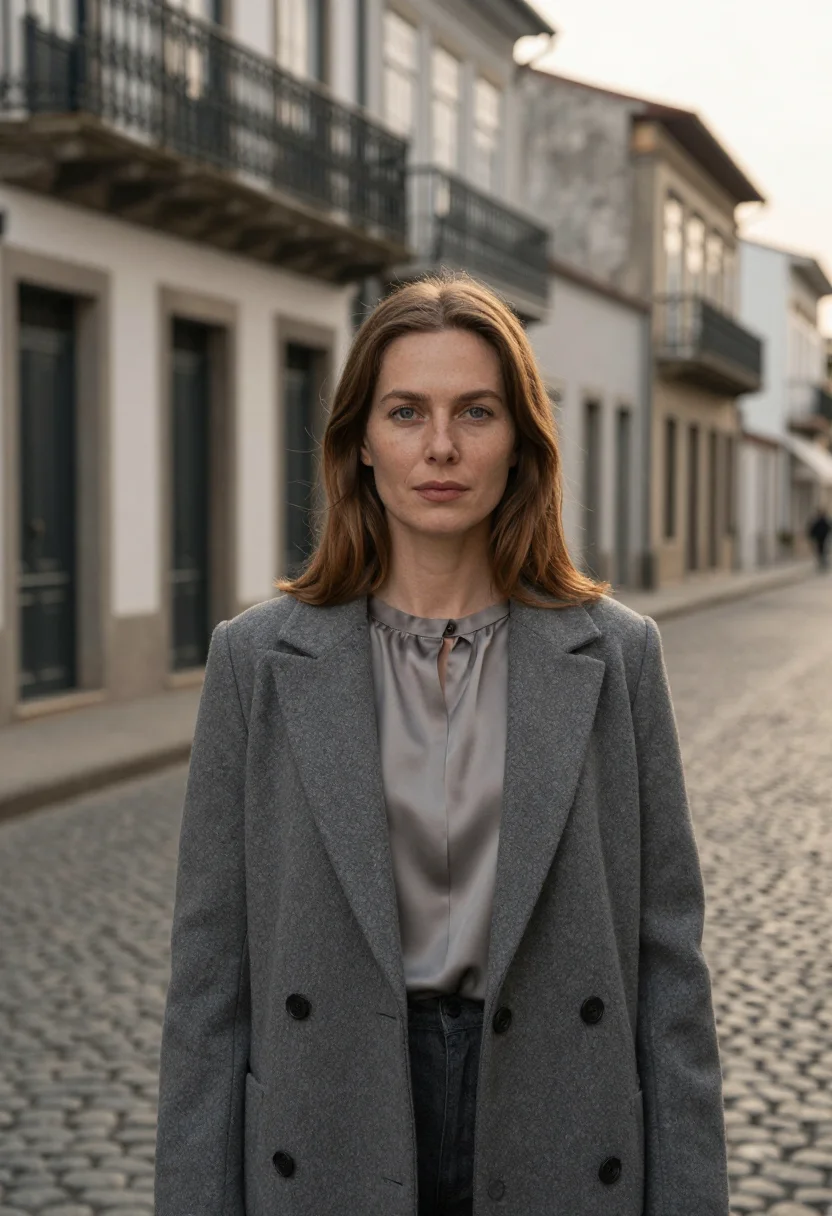 AI san telmo antiques dealer cobble grey sample — portrait of a woman, an antiques dealer in her late thirties