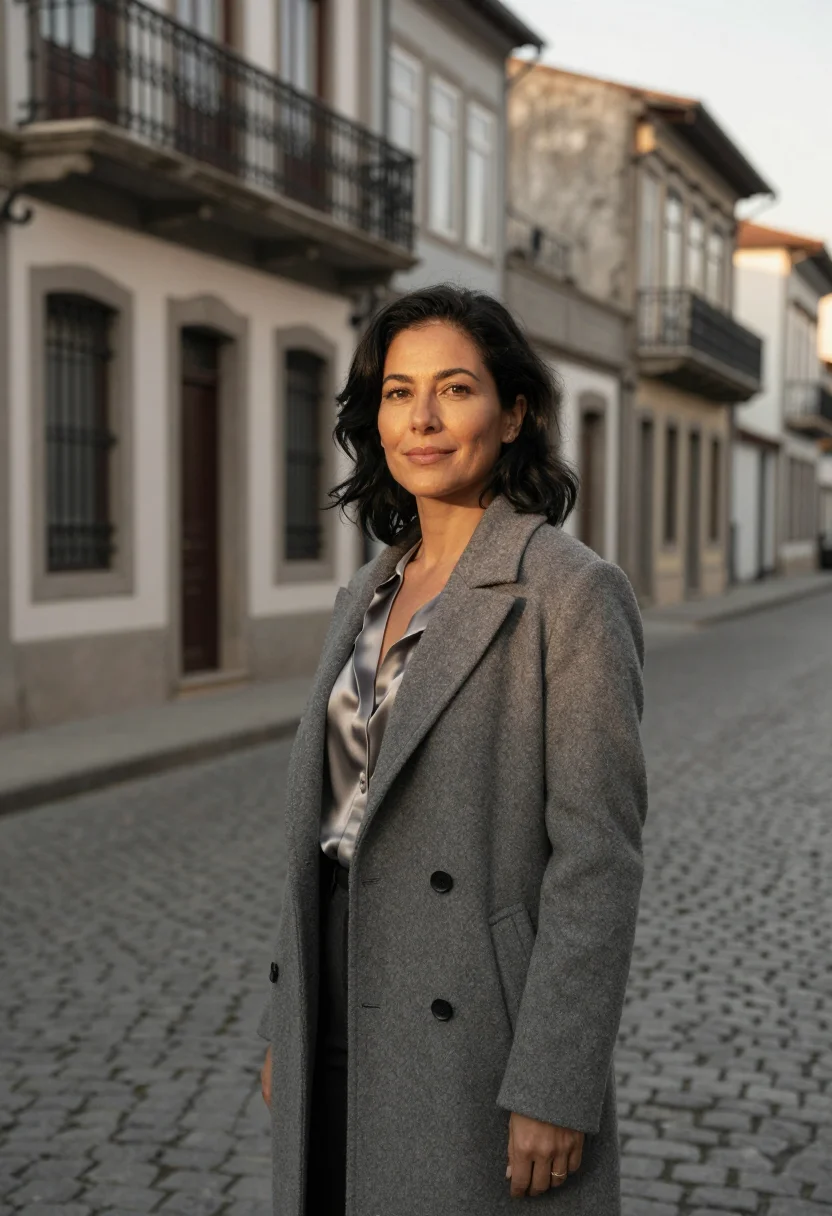 AI san telmo antiques dealer cobble grey sample — portrait of a woman, an antiques dealer in her mid-forties w