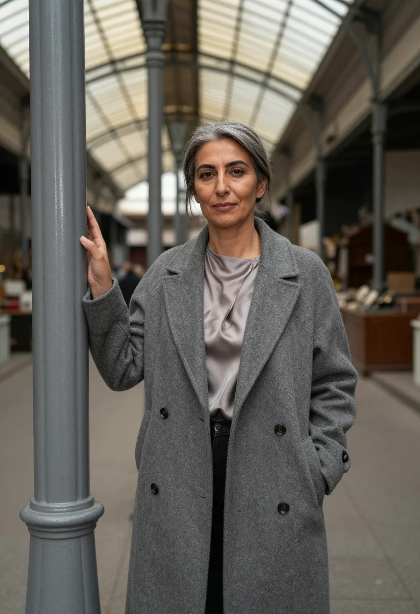 AI san telmo antiques dealer cobble grey sample — portrait of a woman, an antiques dealer in her early fifties