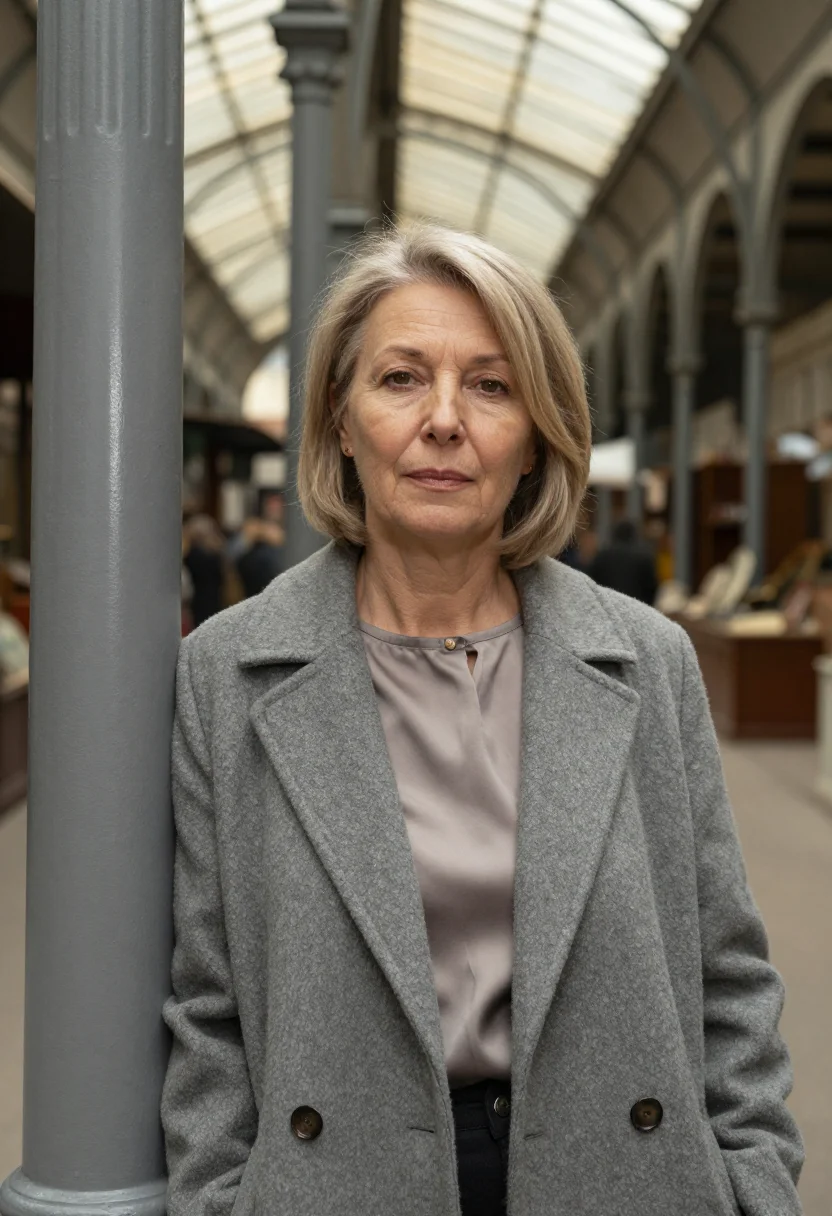 AI san telmo antiques dealer cobble grey sample — portrait of a woman, an antiques dealer in her early sixties