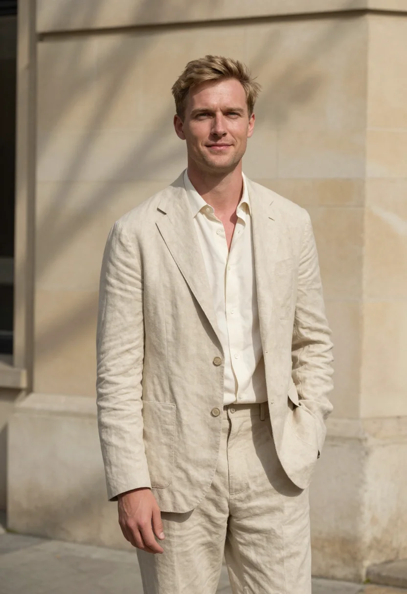 AI sand linen blazer spring headshot sample — portrait of a man, an English man in his early thirties with