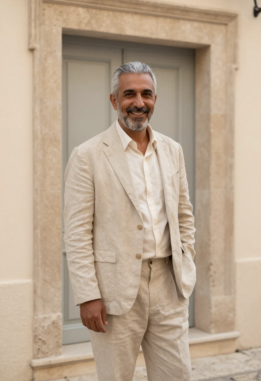 AI sand linen blazer spring headshot sample — portrait of a man, a Lebanese man in his early fifties with