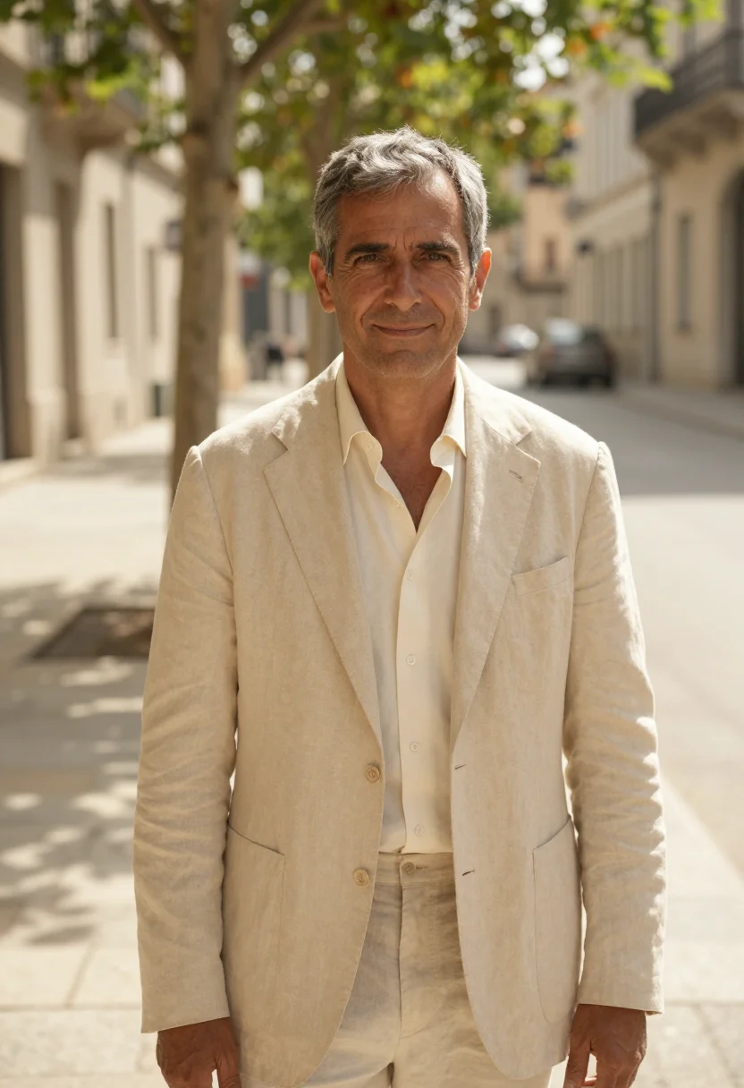 AI sand linen blazer spring headshot sample — portrait of a man, an Italian man in his late forties with t