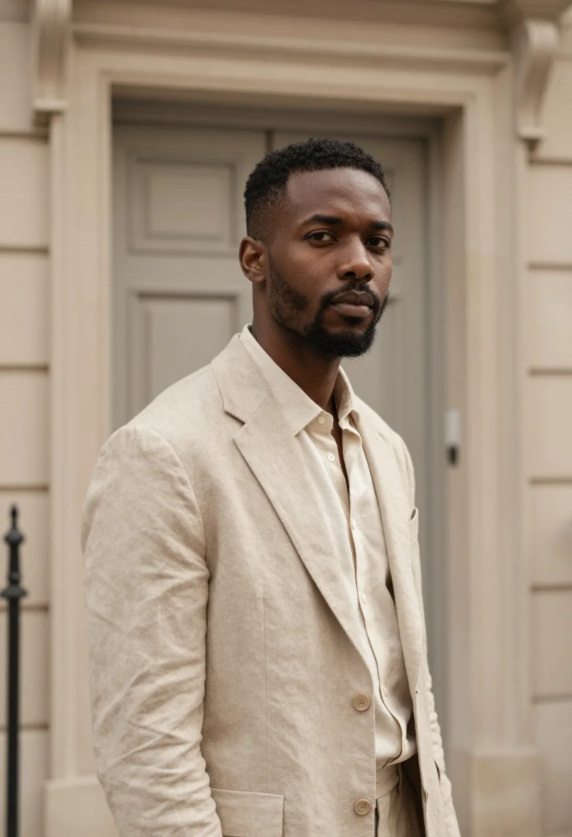 AI sand linen blazer spring headshot sample — portrait of a man, a Black British man in his mid-thirties w