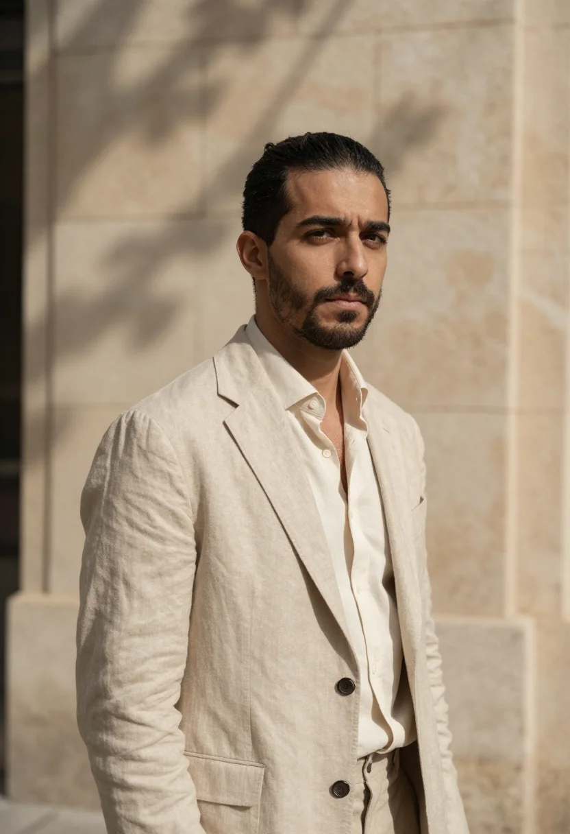 AI sand linen blazer spring headshot sample — portrait of a man, a Spanish man in his early forties with o