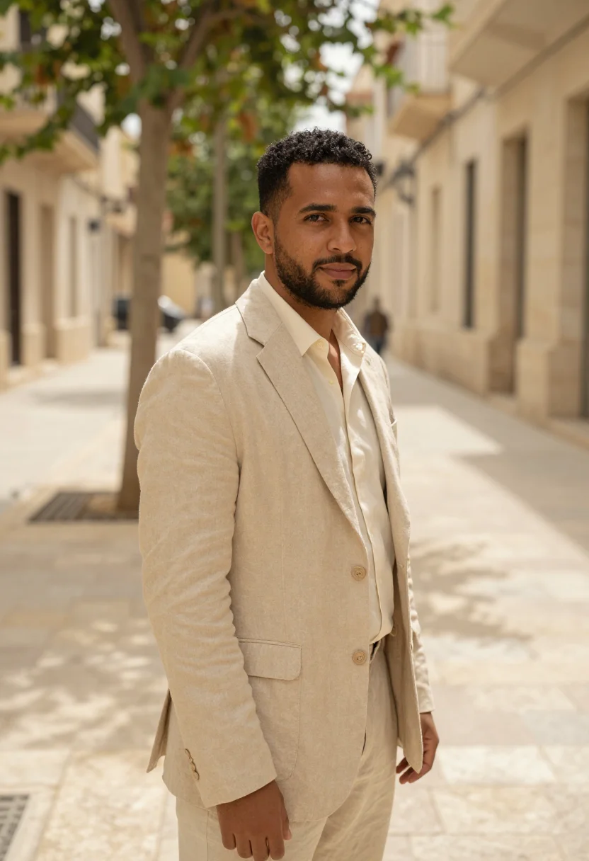 AI sand linen blazer spring headshot sample — portrait of a man, a Moroccan-French man in his mid-thirties