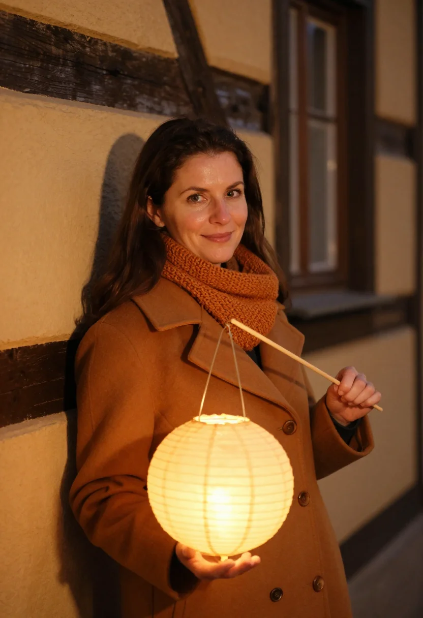 AI sankt martin lantern walk amber sample — portrait of a woman, framed tight, head and shoulders, the b