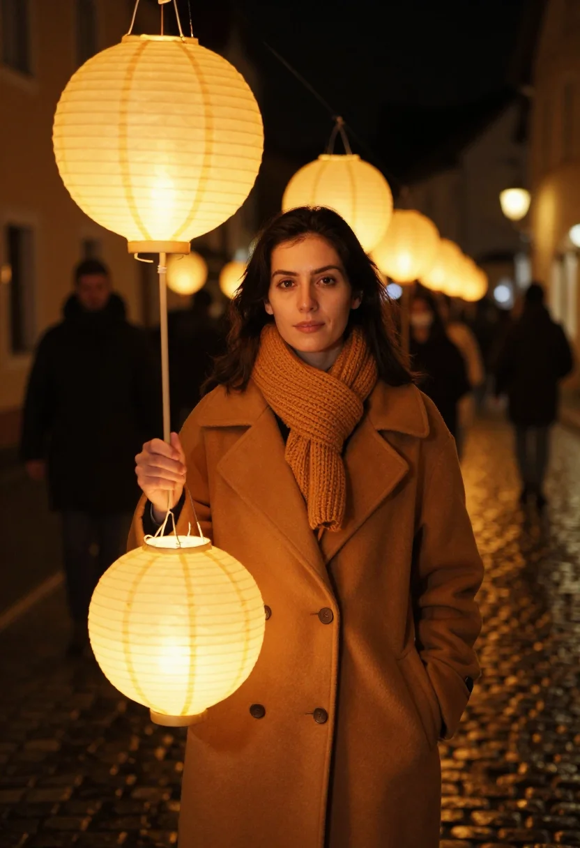 AI sankt martin lantern walk amber sample — portrait of a woman, framed chest-up, the camera at eye leve
