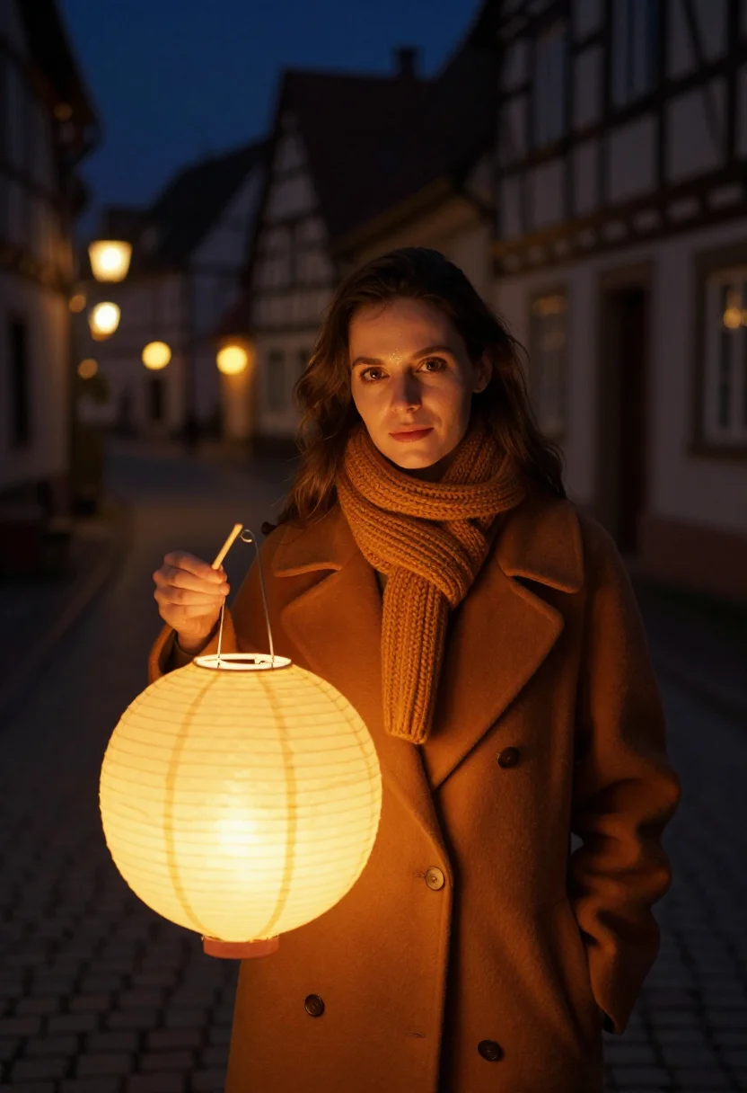 AI sankt martin lantern walk amber sample — portrait of a woman, framed chest-up, the camera at eye leve