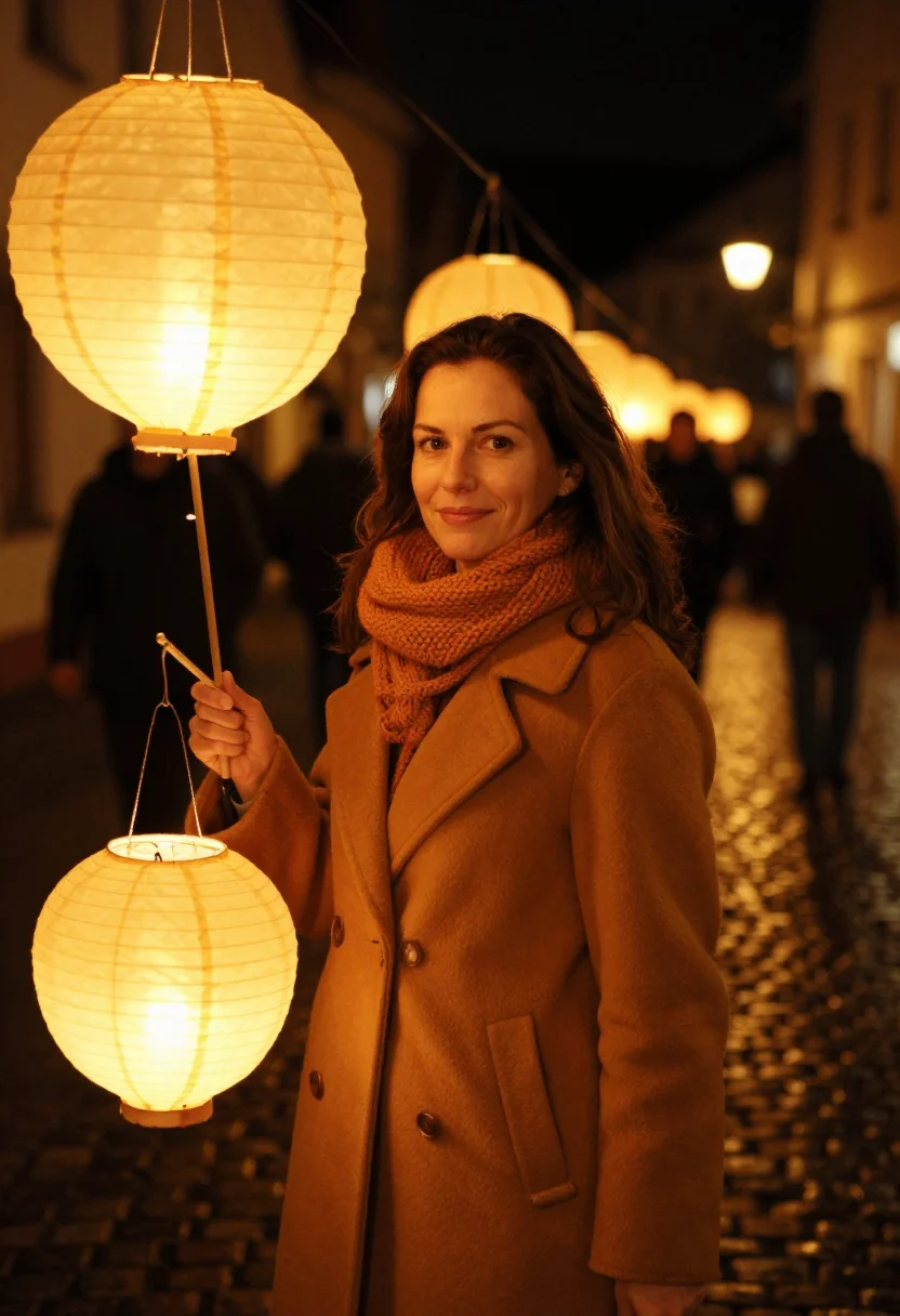 AI sankt martin lantern walk amber sample — portrait of a woman, framed tight, head and shoulders, the b