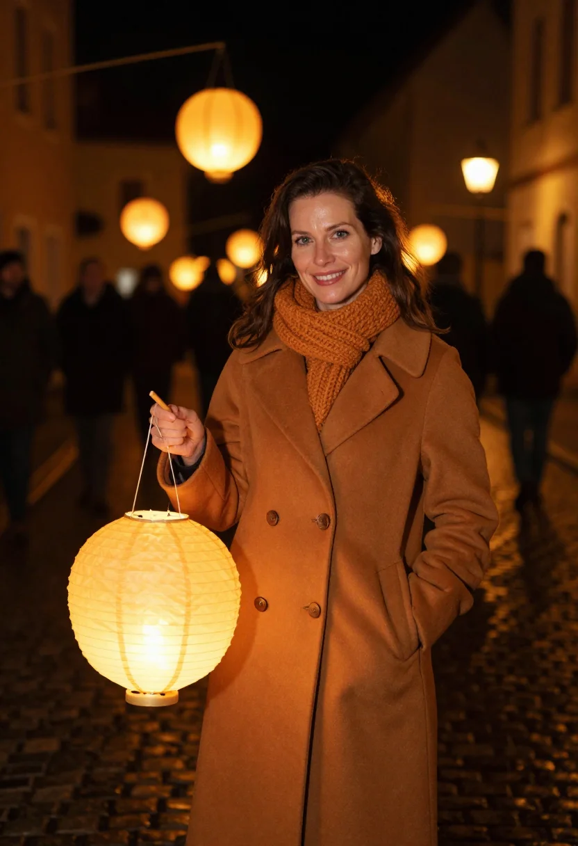 AI sankt martin lantern walk amber sample — portrait of a woman, framed half-length from the head to the