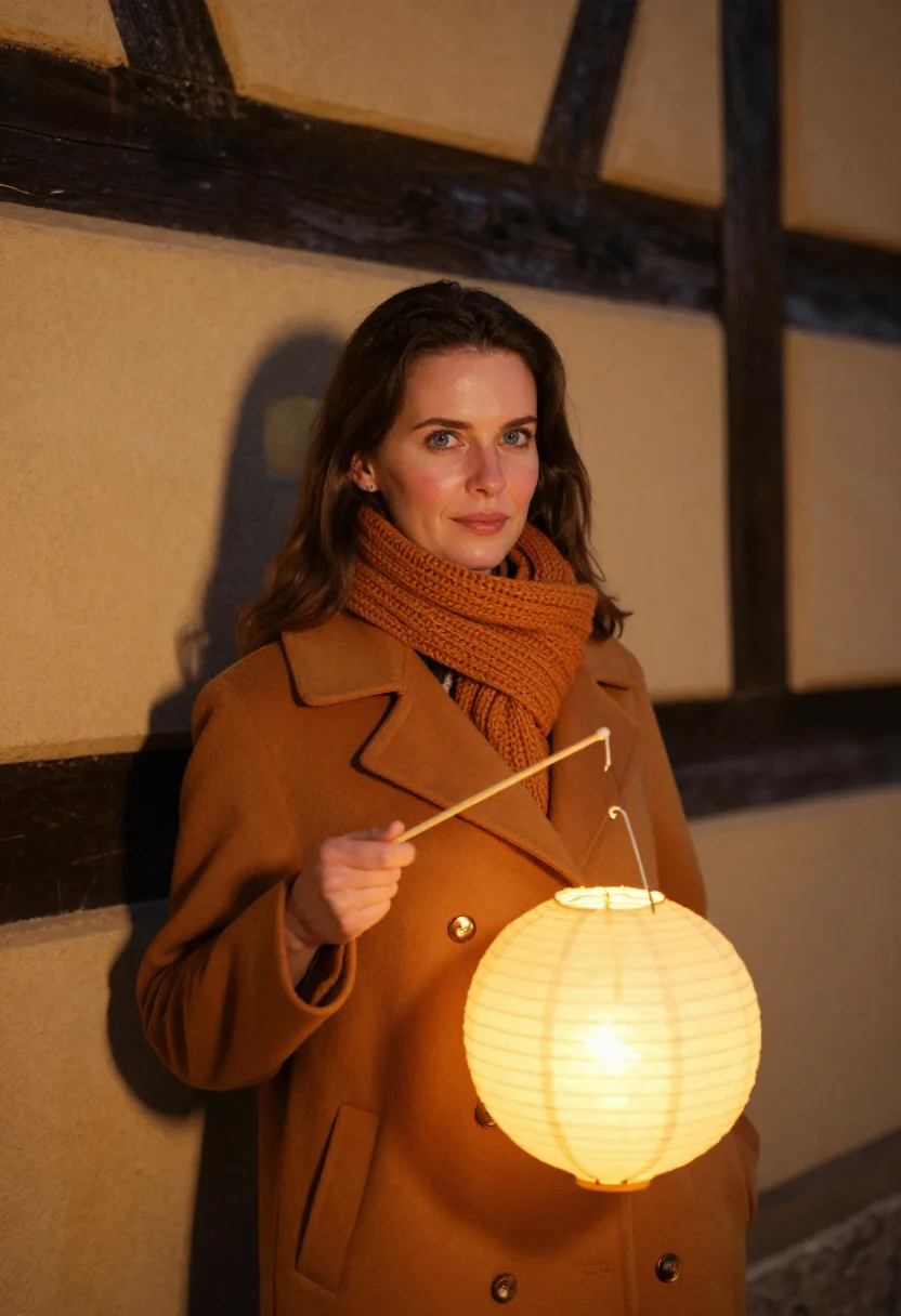 AI sankt martin lantern walk amber sample — portrait of a woman, framed chest-up, the camera at eye leve