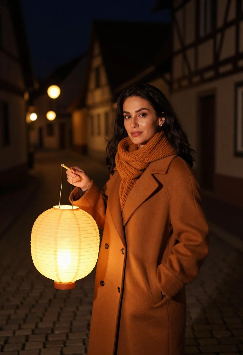 AI sankt martin lantern walk amber sample — portrait of a woman, framed half-length from the head to the
