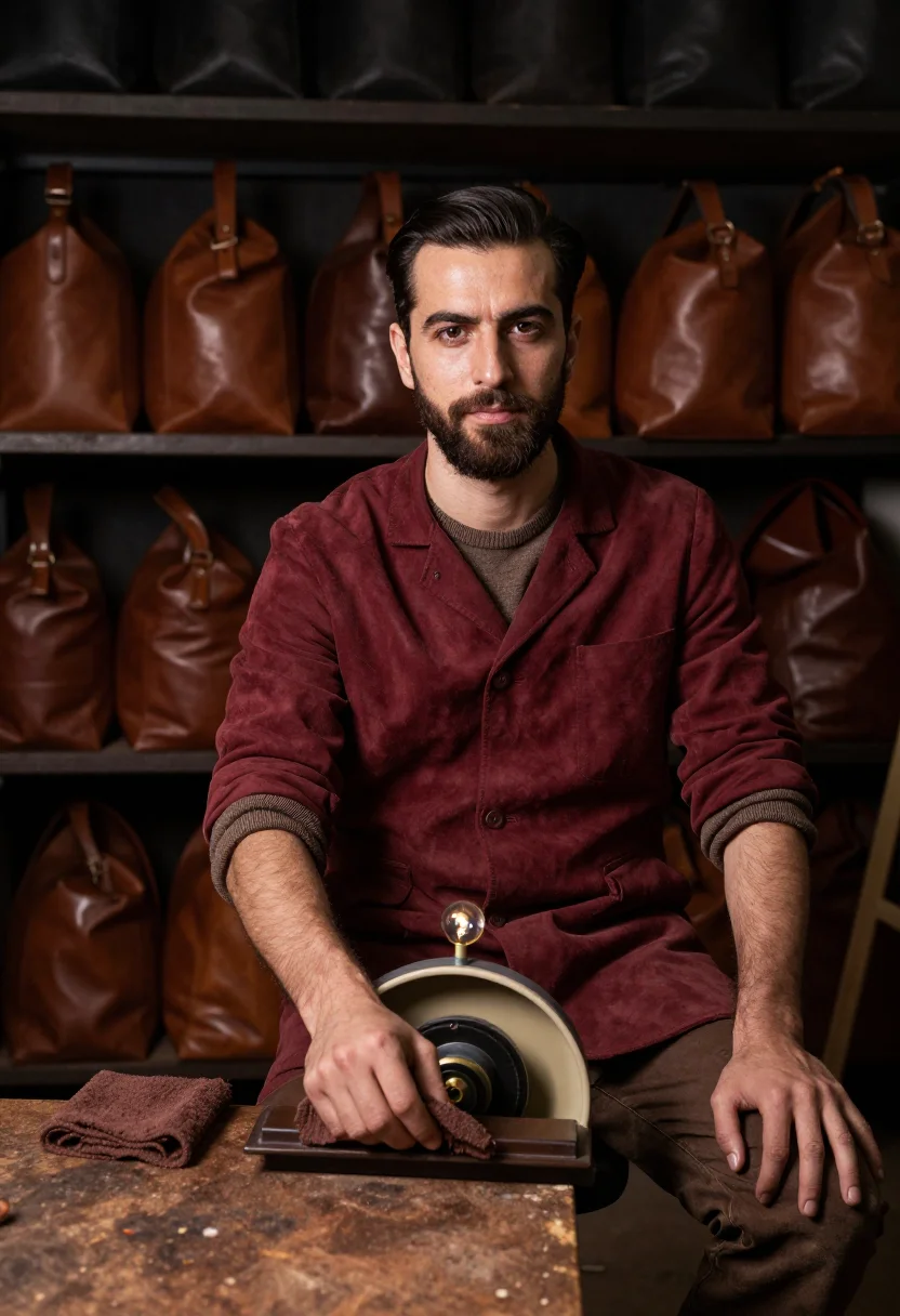 AI santa croce leather sample — portrait of a man, wide seated portrait of a Southern-Europe