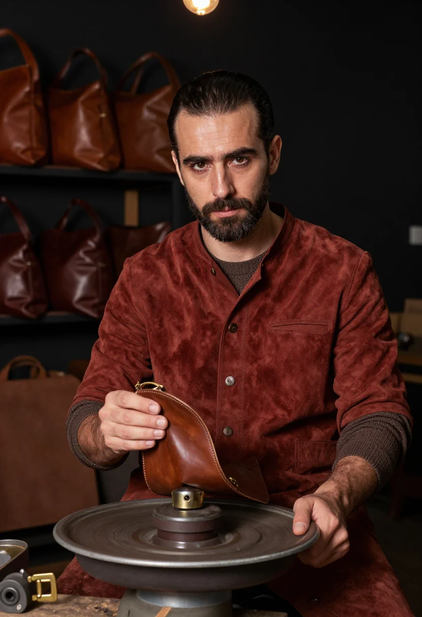 AI santa croce leather sample — portrait of a man, chest-up portrait of a Southern-European