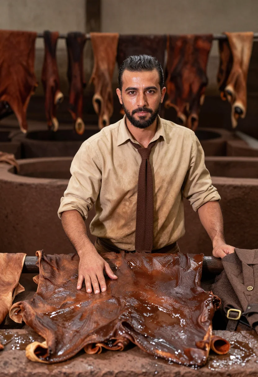 AI santa croce leather sample — portrait of a man, wide standing portrait of a Southern-Euro