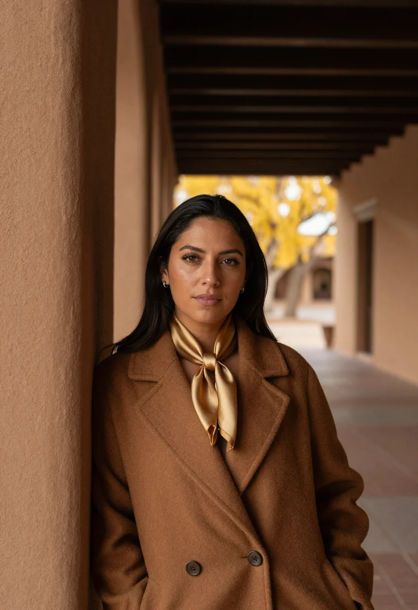 AI santa fe adobe november cottonwood sample — portrait of a woman, framed chest-up, cropped at the ribs, t