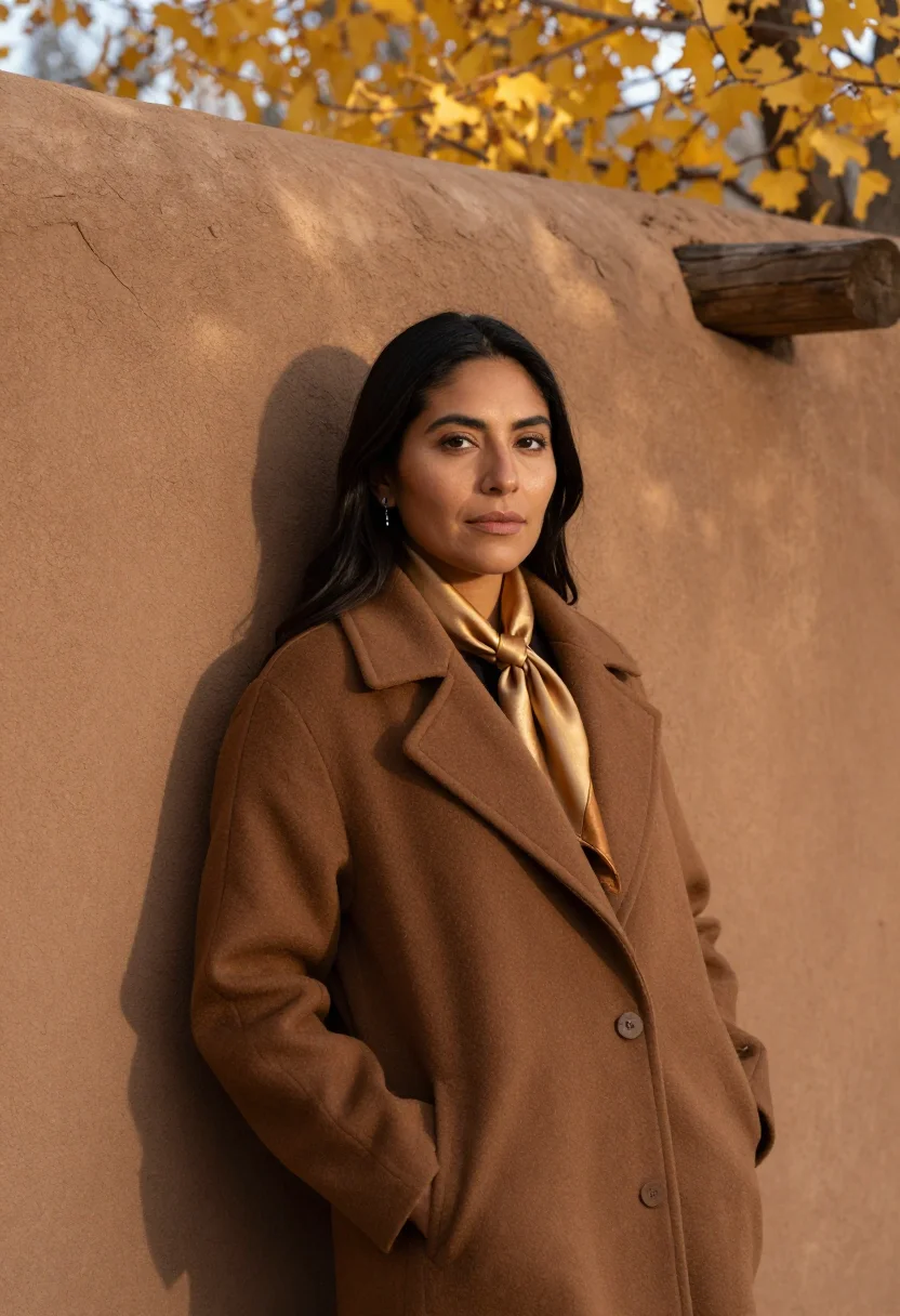 AI santa fe adobe november cottonwood sample — portrait of a woman, framed waist-up, the camera at chest he