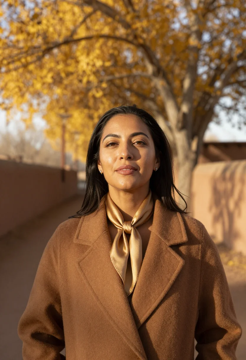 AI santa fe adobe november cottonwood sample — portrait of a woman, framed tight, head and shoulders, the b