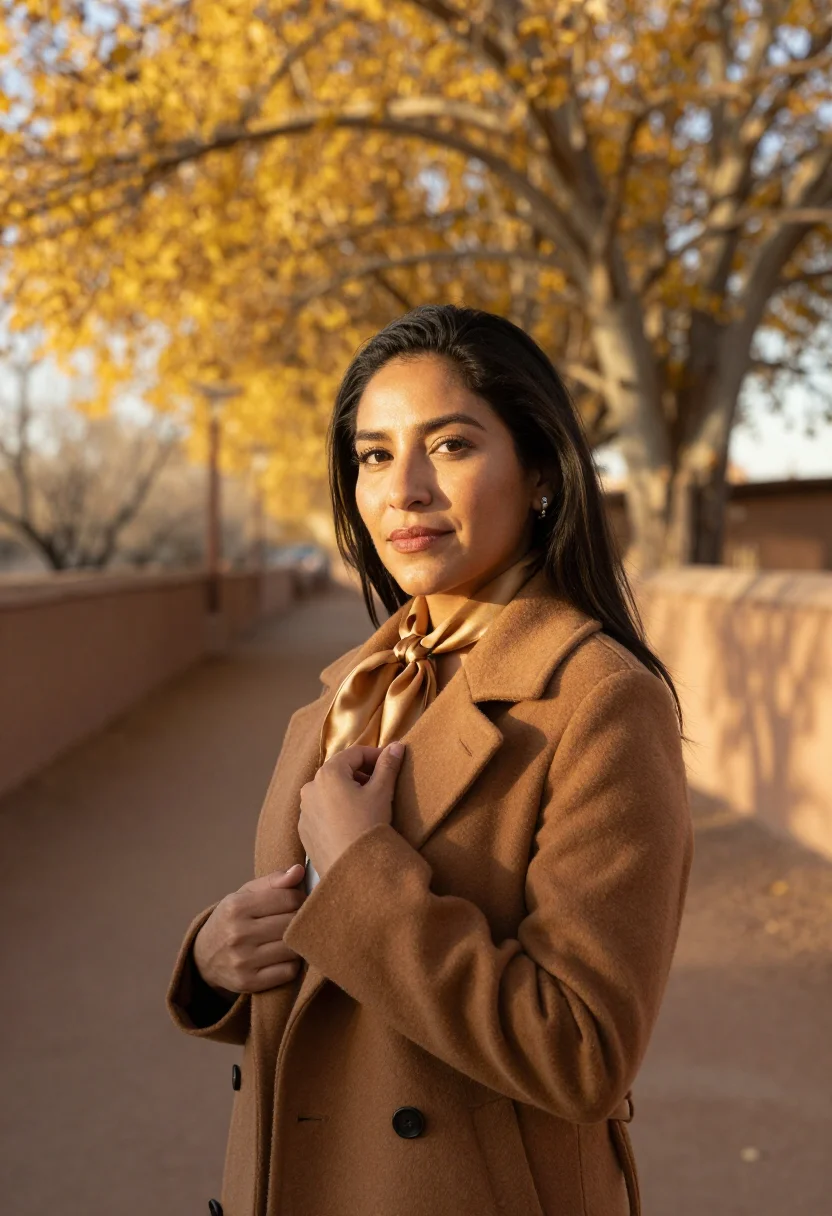 AI santa fe adobe november cottonwood sample — portrait of a woman, framed chest-up, cropped at the ribs, t
