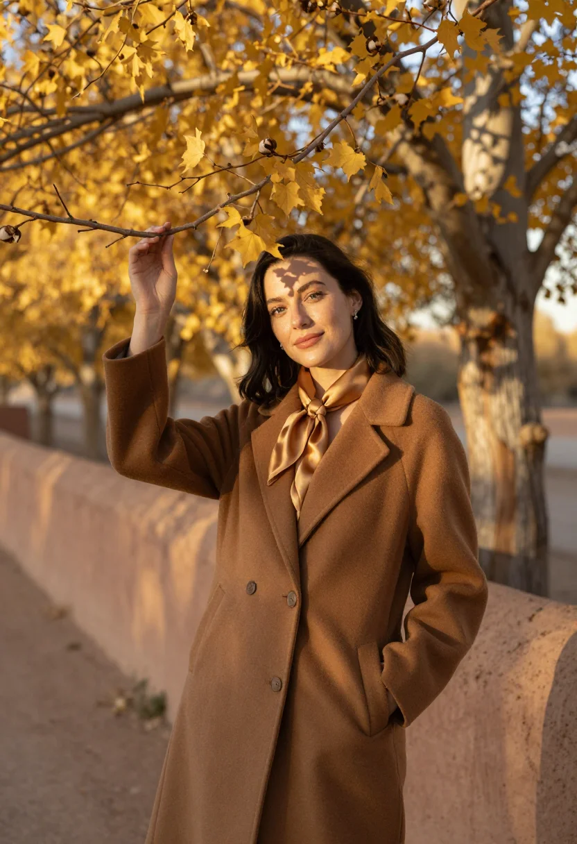 AI santa fe adobe november cottonwood sample — portrait of a woman, framed from the knees up, the camera at