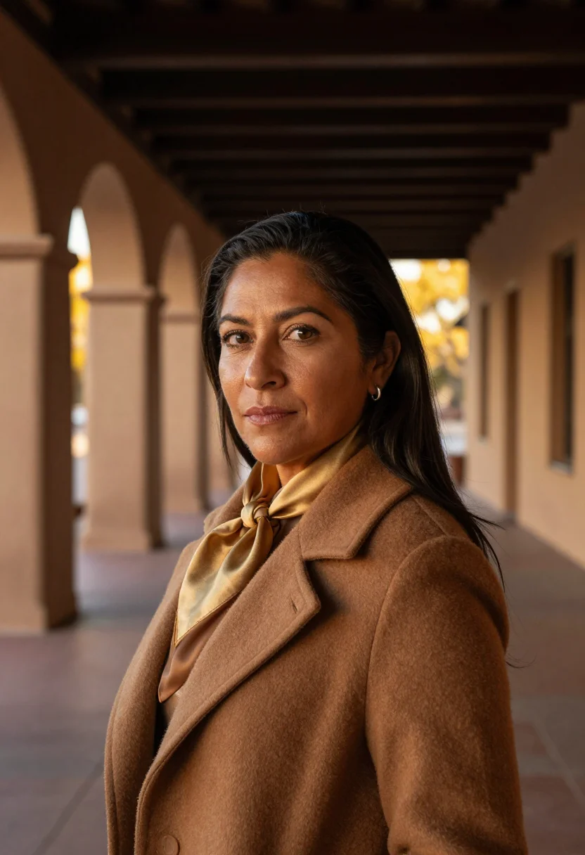 AI santa fe adobe november cottonwood sample — portrait of a woman, framed tight, head and shoulders, the b