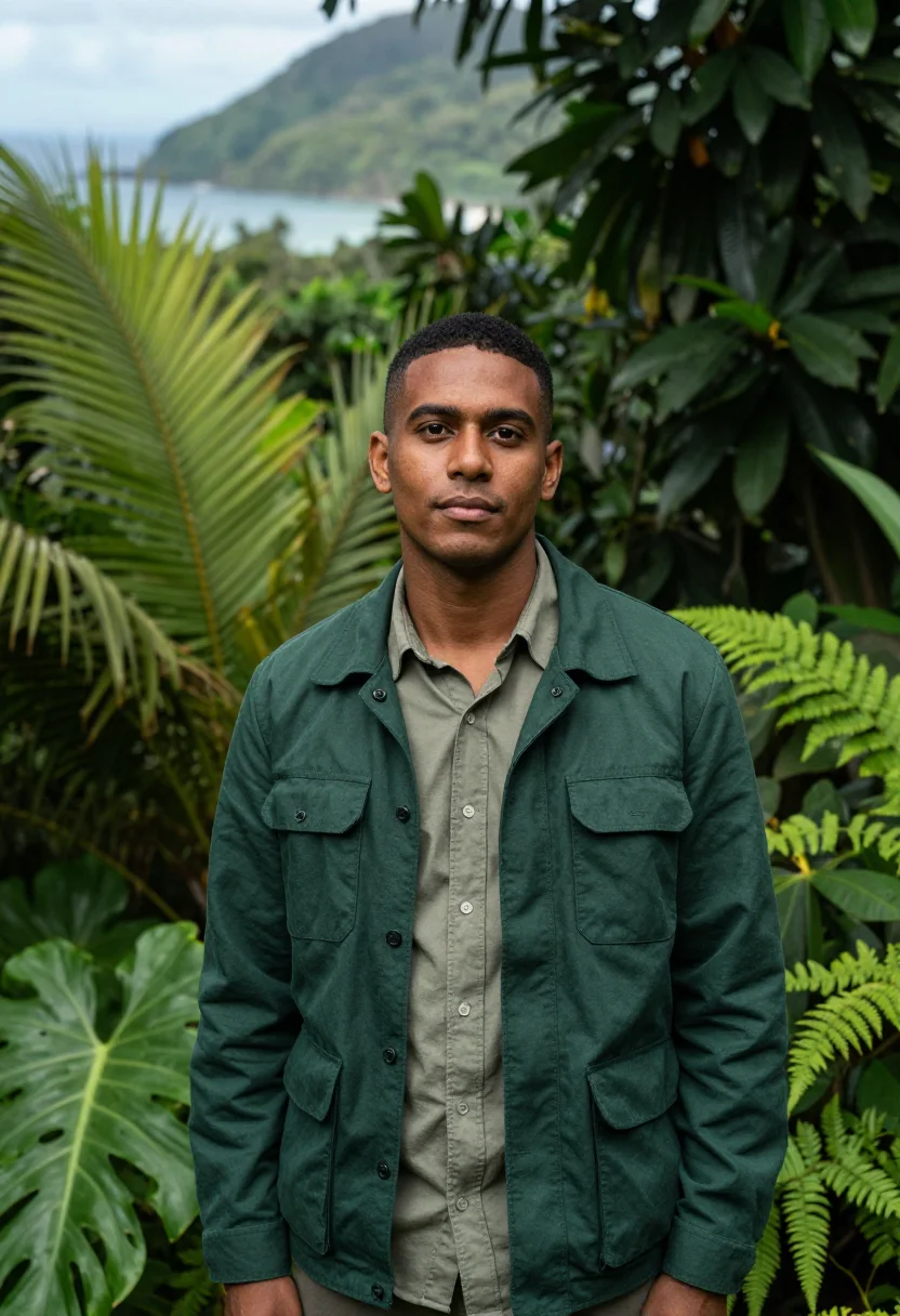 AI santa marta tayrona ecologist jungle green sample — portrait of a man, an ecologist in his early thirties with d