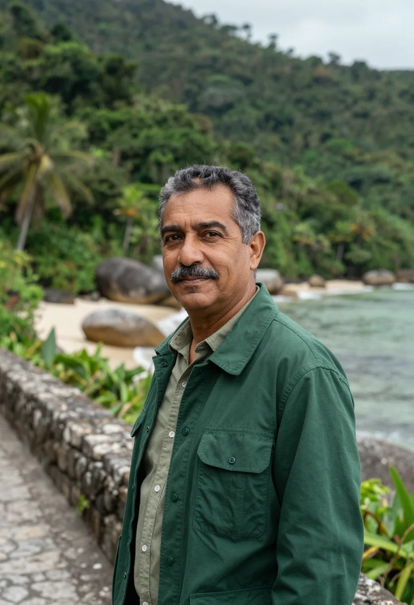 AI santa marta tayrona ecologist jungle green sample — portrait of a man, an ecologist in his early fifties with wa
