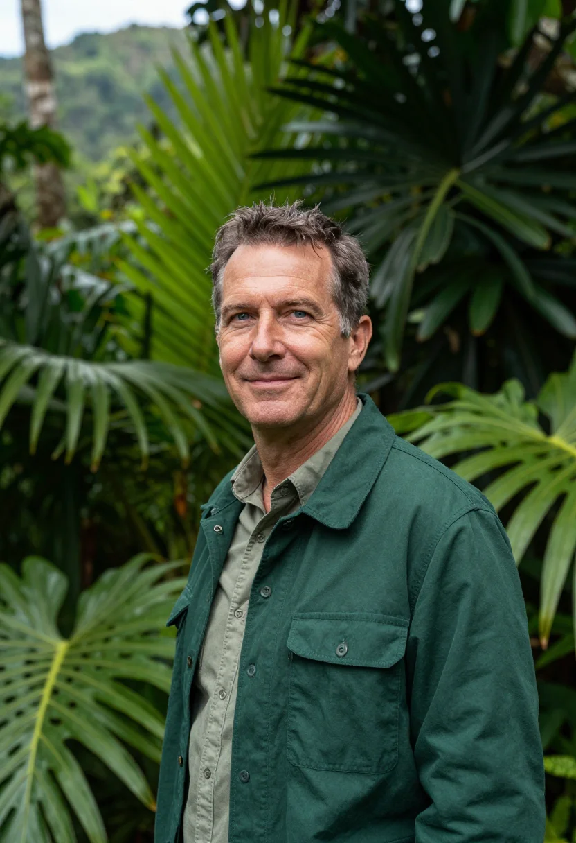 AI santa marta tayrona ecologist jungle green sample — portrait of a man, an ecologist in his mid-fifties with fair